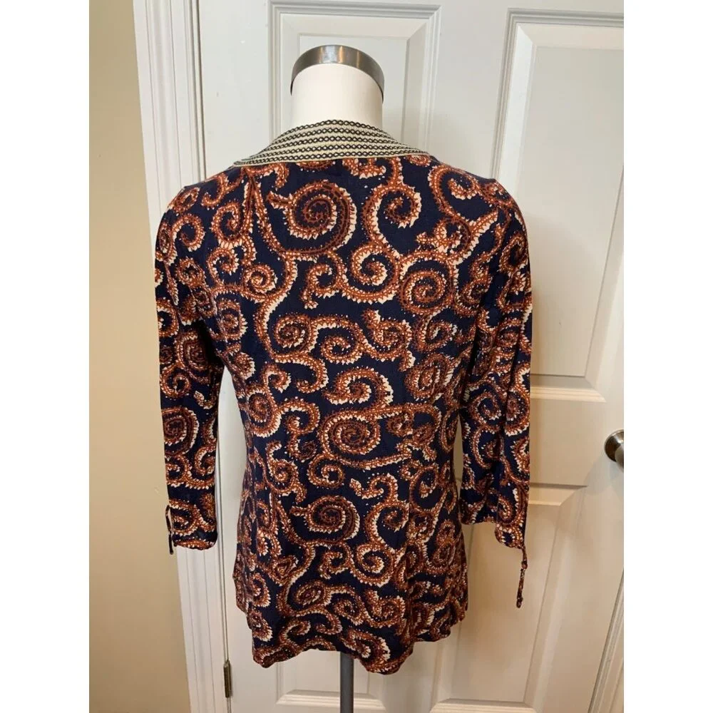 Tory Burch Blue Tunic Top W/ Brown Swirl Print, Size M